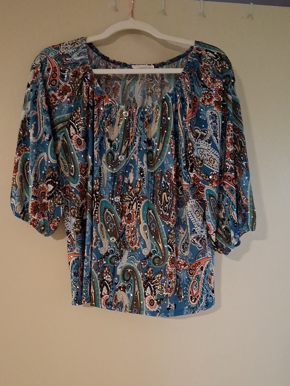 Women's Blue Paisley Off-Shoulder Blouse